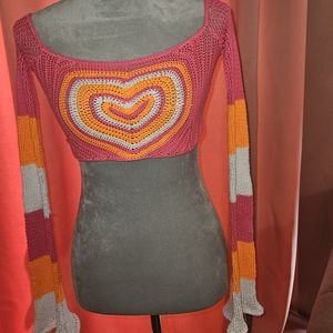 Colorful Heart Flare Sleeve Crochet Crop Top Size Small